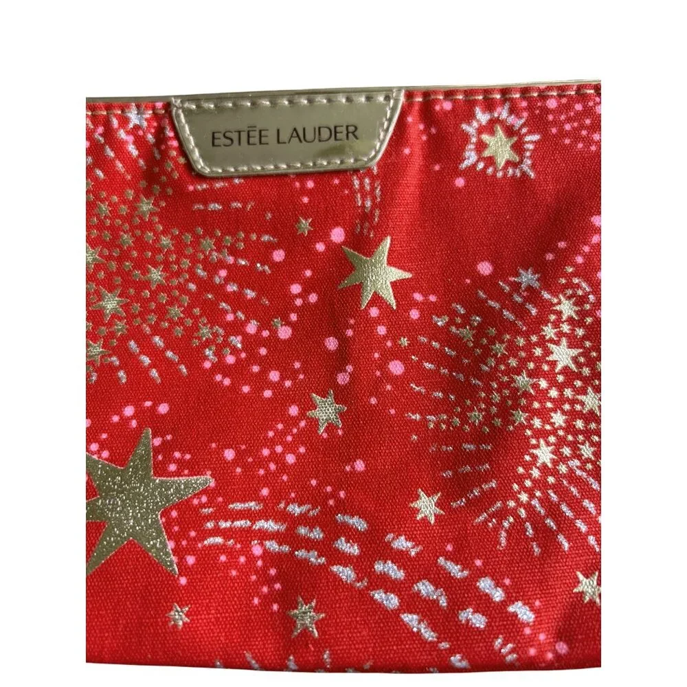 Estée Lauder Red & Gold Starburst Zip Top Cosmetic Bag + Bonus Lipstick